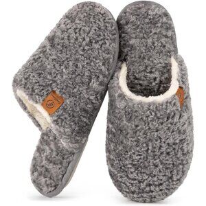 Women's Oxford Gray Fuzzy Slip-on Slippers Warm Cozy Soft Lightweight Foam